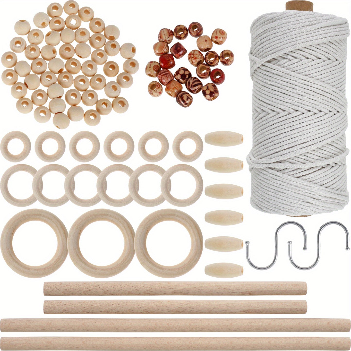 1set Macrame Kit for Beginners Natural Rope Macrame Wall Hanging Kit Complete Macrame Making Kit DIY Macrame Supplies with Wood Beads Wood Rings Wood Sticks S Hooks for Wall Hangings