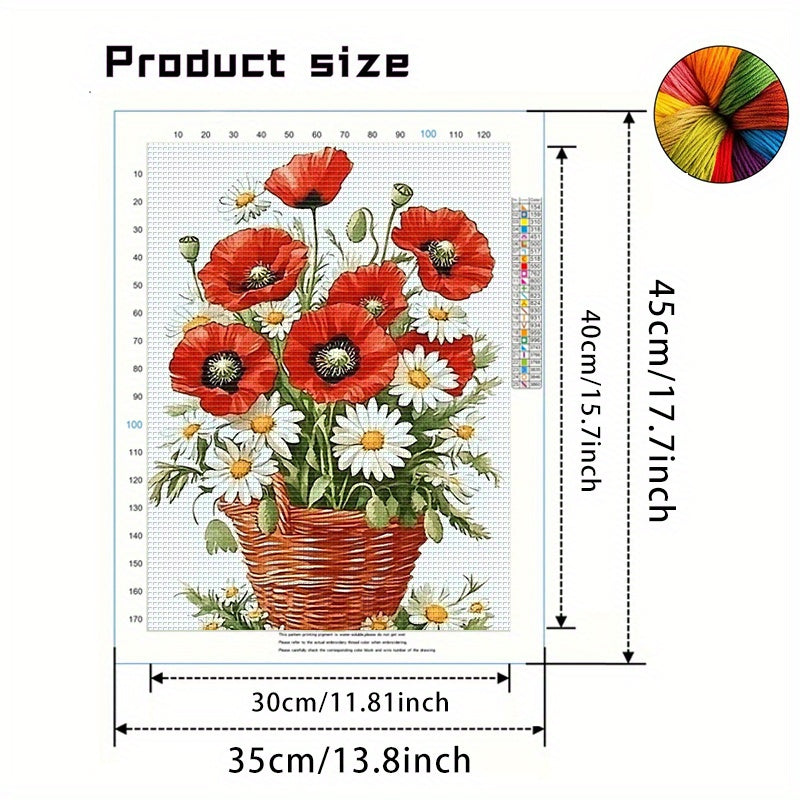 1pc DIY Floral Cross Stitch Kit - 13, 8x17, 7in Frameless Fabric, 11CT Printed Design with Red Poppies & Daisies, Includes Threads for Home Wall Decor, Mother'S Day Gift, Crafting & Sewing Supplies, Cross Stitch Kits for, Hom