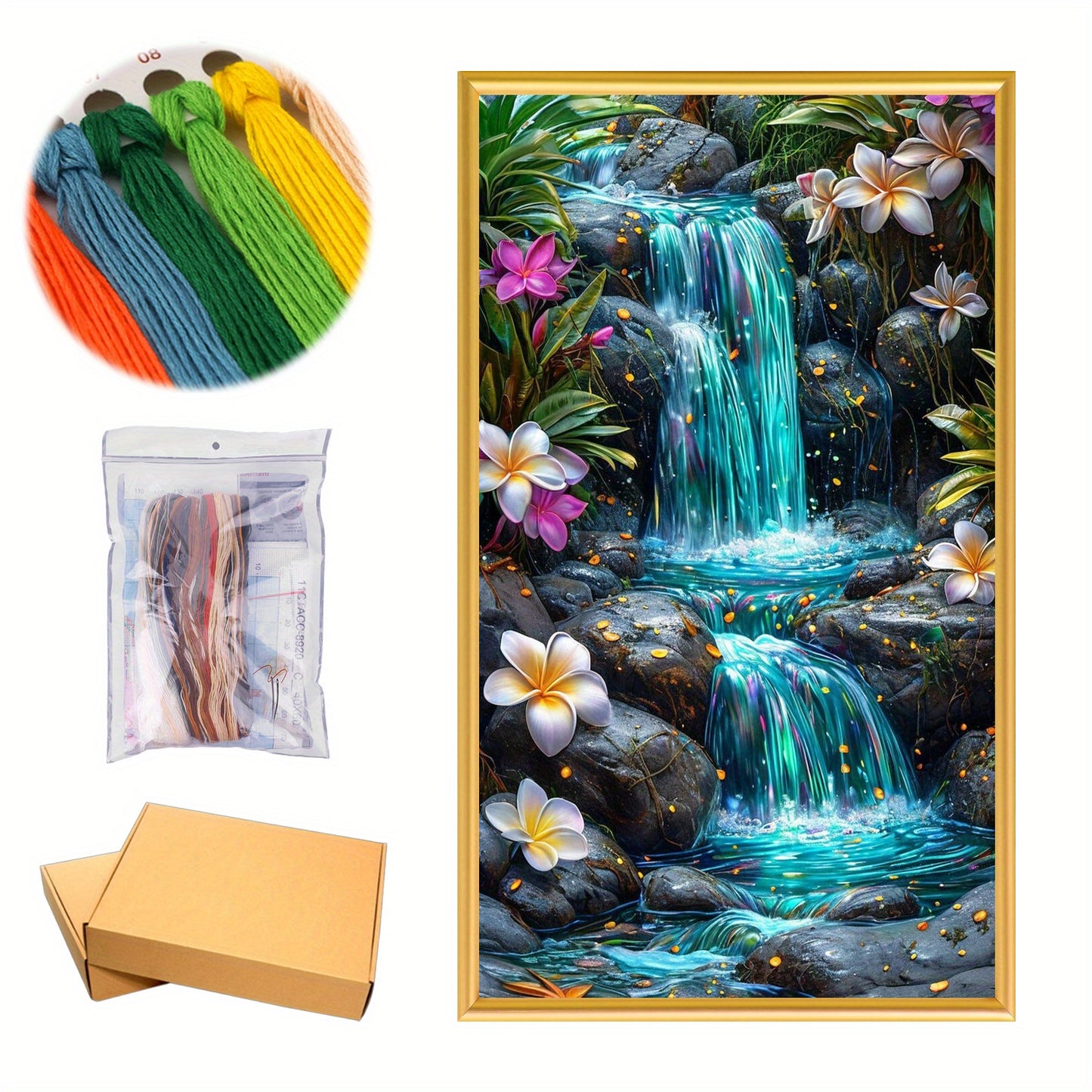 DIY Waterfall Cross Stitch Kit - 11CT Stamped Full Embroidery, 15.75x27.56inch, with Tools & Threads, Vibrant Tropical Scene, Perfect Gift for Craft Lovers & Art Enthusiasts, Embroidery Kit|Tropical Scene|Detailed Embroidery,