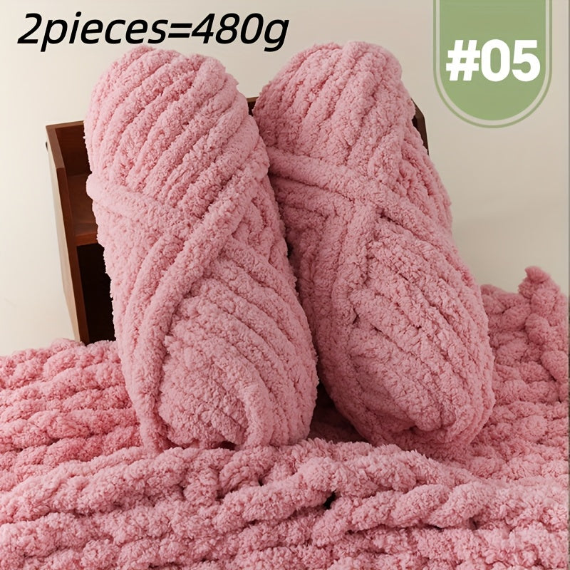 Extra Large Plush Cat Tail Chenille Yarn, Two Skeins per Pack (Total 480g, 16.93oz), for Hand Knitting and Crocheting - Fluffy Soft Giant Bulky yarn. Ideal Thumbneedle Yarn for DIY Blankets, Pet Beds, Rugs, Pillows & Home Dec