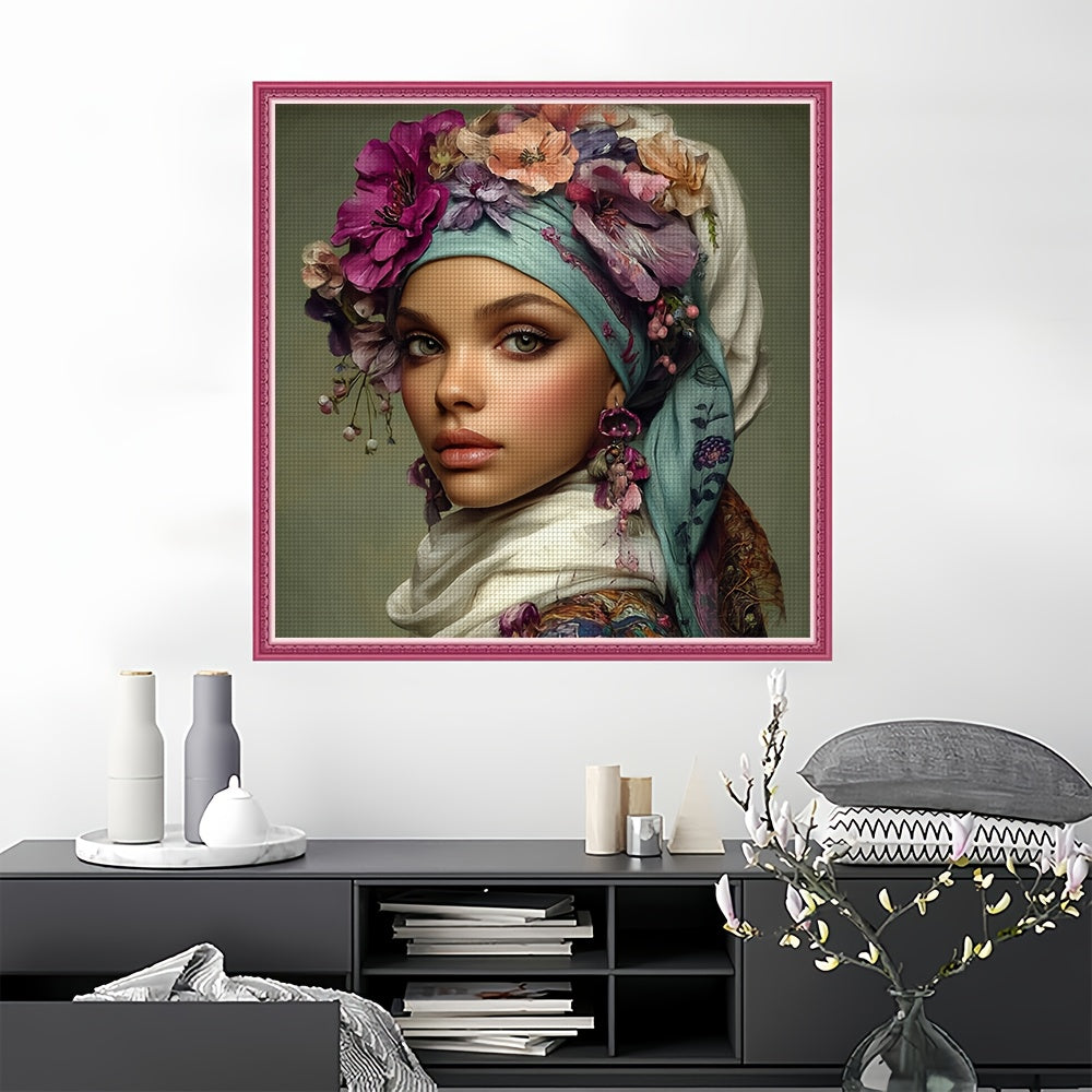 Complete DIY Cross Stitch Craft Set with Floral Patterns - Full Kit with Canvas, Preprinted Fabric Threads & Step-by-Step Guide for Home Decor, Birthday/Anniversary Gifts - All-in-One Framed-like Display - Floral Cross Stitch