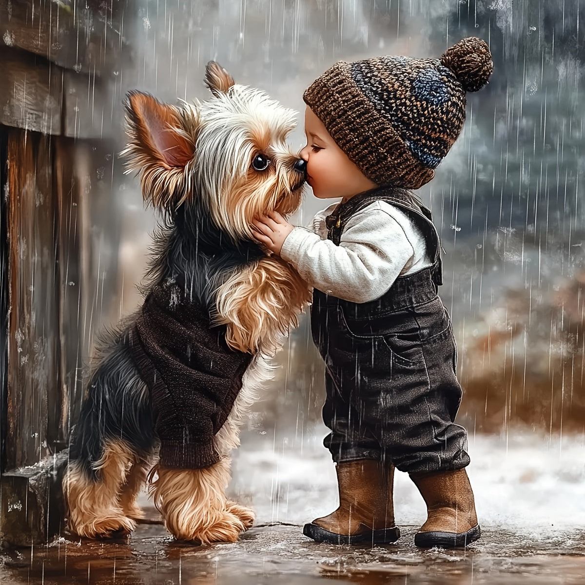 JOZYSH 1pc 11x11in Cross Stitch DIY Kit - Adorable Child and Dog Scene, All-Season Wall Decor with Frame, Includes Canvas, Needle, Thread, Pattern, and Instructions, Perfect for Bedroom or Living Room, Beginner-Friendly, Alls