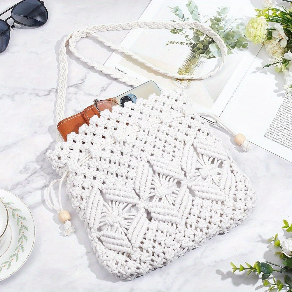 1set Macrame Kit Bohemian Drawstring Bag Macrame Purse Set for Adults Beginners Includes 3mm/ 0.12" Natural Macrame Cord Crochet Bags for Women Holiday Beach Decor with Instruction Sewing Kit