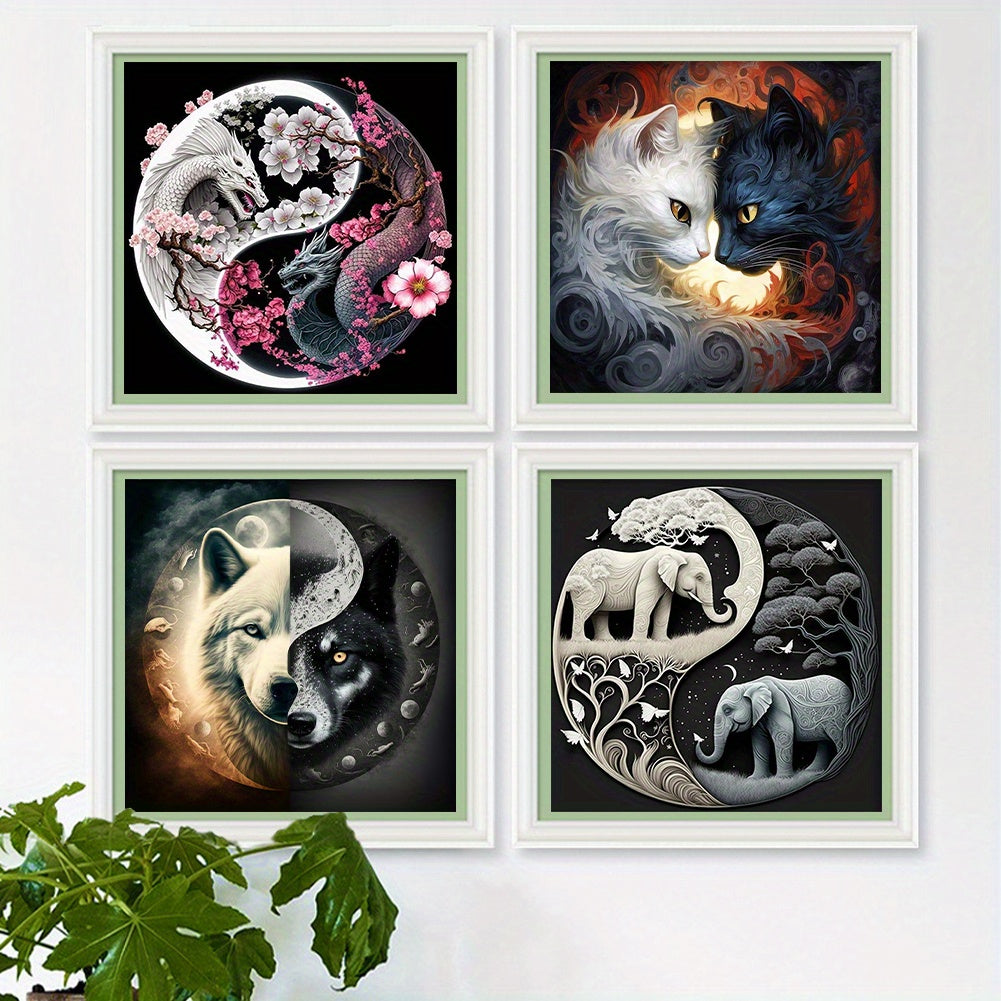 4pcs 11CT Stamped Cross Stitch Kit Yin-Yang Diagram DIY Full Embroidery Thread Needlepoint Craft with Printed Canvas, Fantasy Nature Scenery Wall Art for Home Office Decoration, Perfect Gift for Christmas, Anniversary, Housew