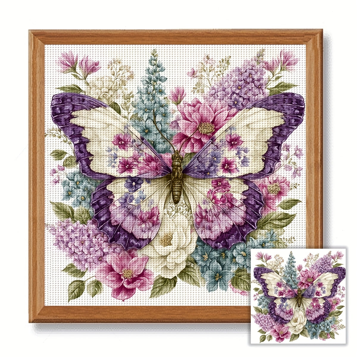 ZUOANLF 1set 40x40cm/15. 7x15. 7Inch DIY Cross Stitch Kit Frameless, Butterfly and Flowers, stamped cross stitch kits, Embroidery Set for Home Decor, Includes Patterned Fabric & Threads, Perfect for Living Room Entrance or Be