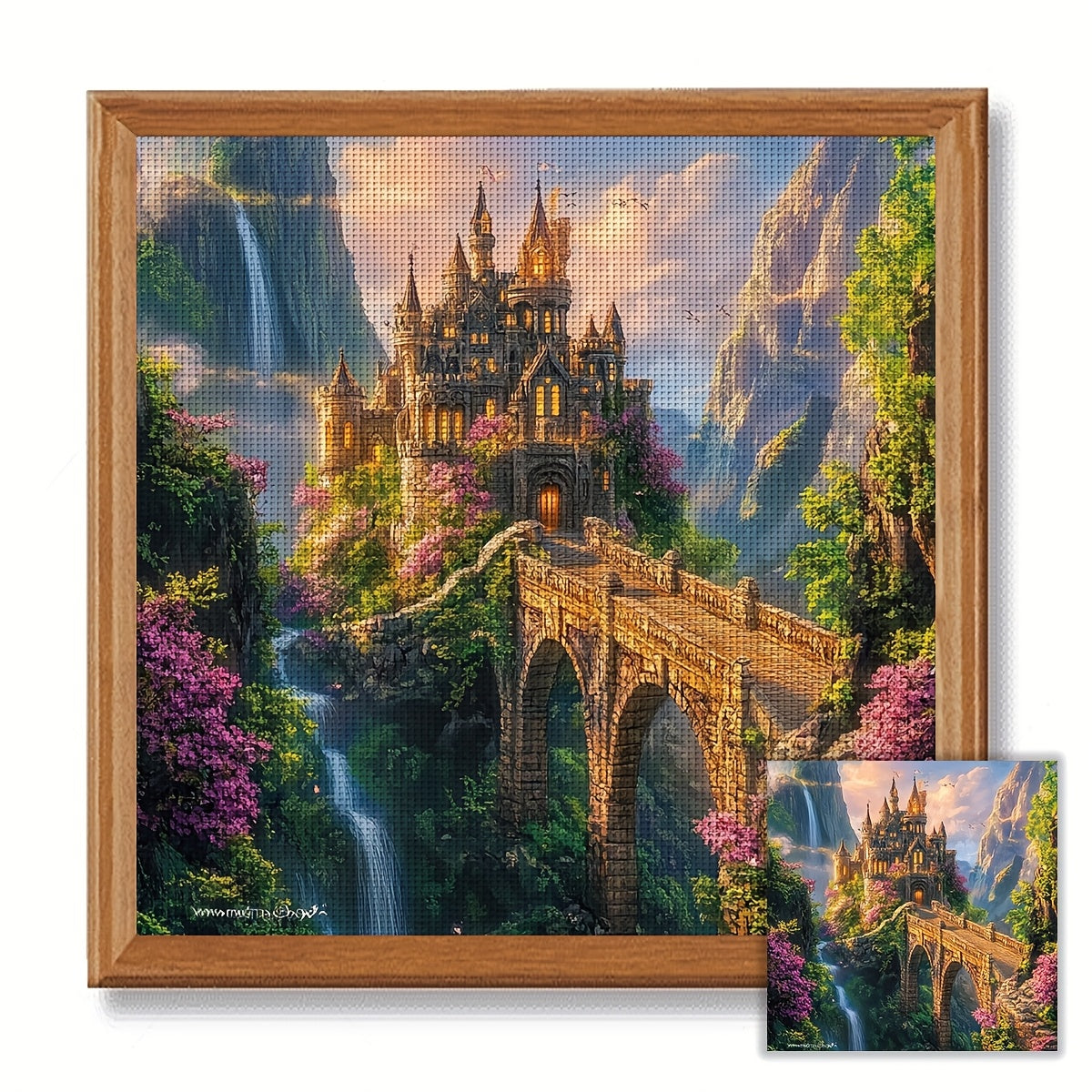 JOZYSH 1 Set Cross Stitch Adult Kit - Enchanted Castle in the Mountains 40x40cm/15.7x15.7in, 11CT/14CT, Landscape Art with Waterfall, Stone Bridge, and Vibrant Flowers, Beginner-Friendly, Includes Canvas, Needle, Thread, and