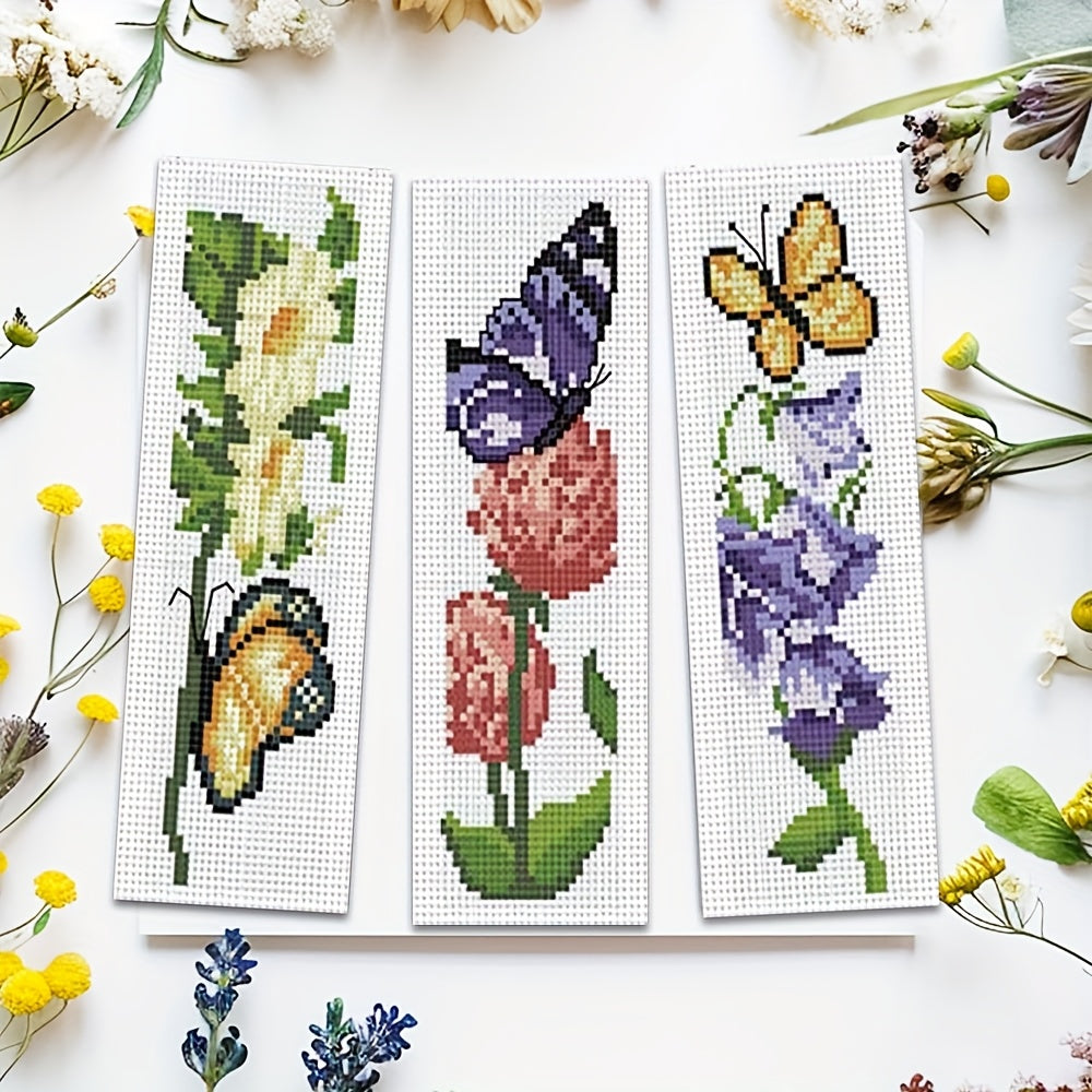 6pcs Butterfly & Flower Cross Stitch Bookmark DIY Art Kit - Includes 6 Printed Cross Stitch Canvases, Sufficient Embroidery Threads, Stitching Tools (Colors Random), and English Instructions - Perfect for Beginners & Craft En