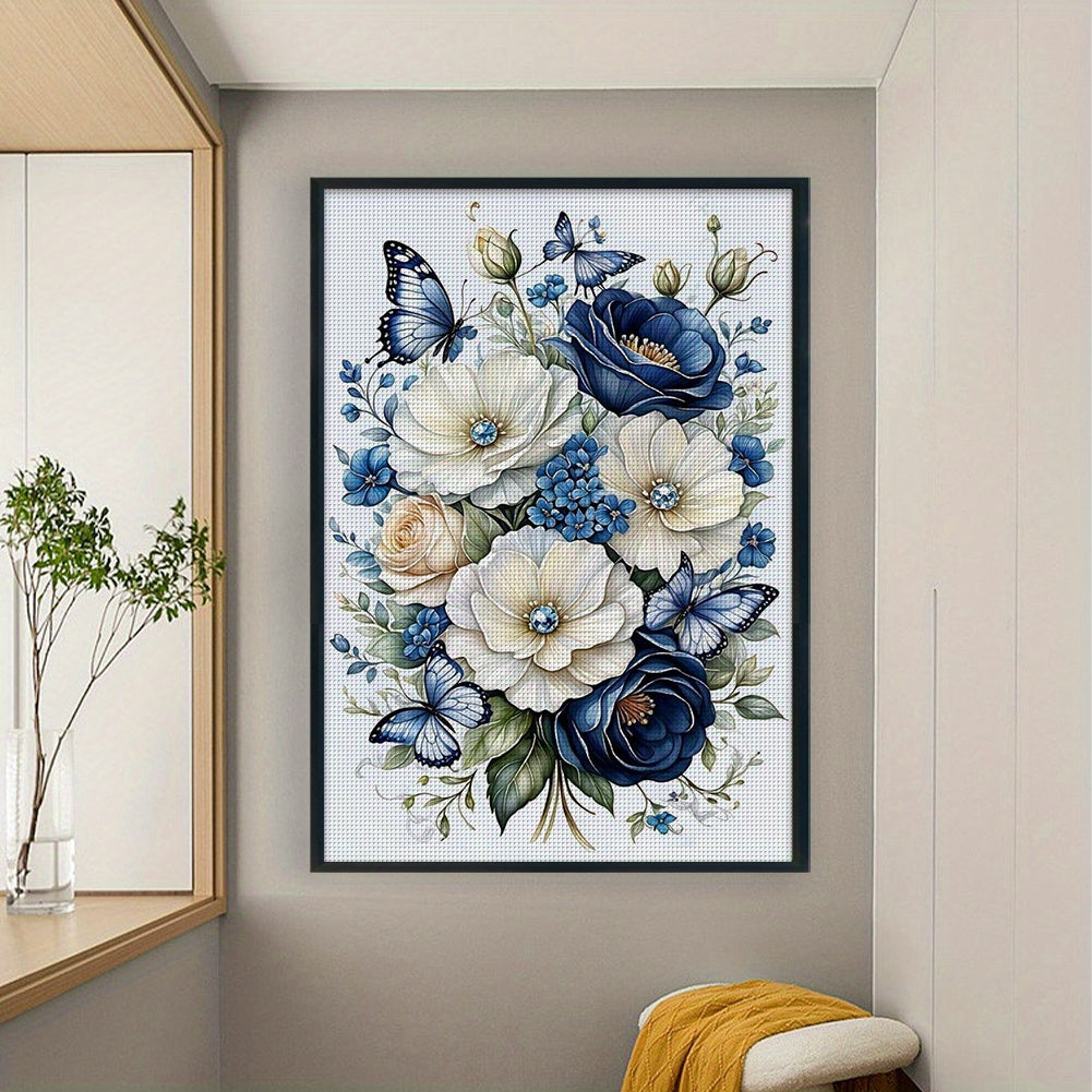 Blue And White Flowers And Butterfly - DIY Eco- Thread 11CT Stamped Flower Series Full Embroidery Cross Stitch Kit 15.75x23.62inch, with Tools, Embroidery Threads & Instructions - Good Gift for Craft Lovers and Art Enthusiast
