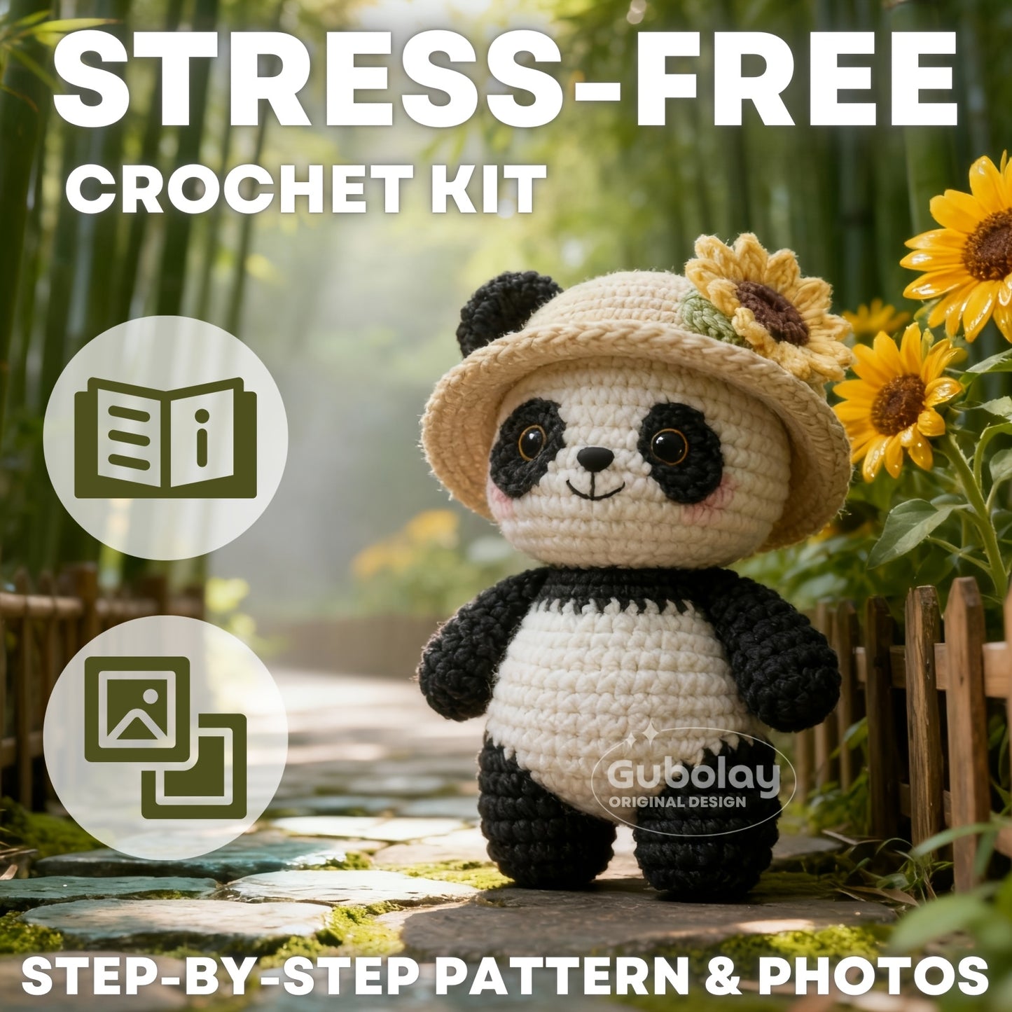 Straw Hat Panda Crochet Starter Kit for Beginner Adults | Stress-Free Craft Kit with Step-by-Step Video Tutorial | Includes Extra Soft Acrylic Yarn, Hook, and Accessories | Playful Amigurumi Animal Doll Kit for All Seasons