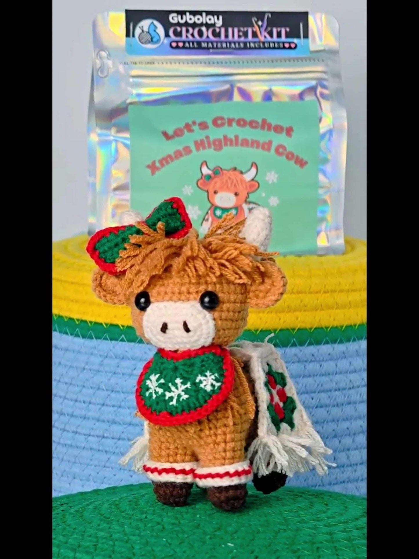 Christmas Highland Cow Crochet Starter Kit for Beginners - Step-by-Step Video Tutorial, Includes Pattern Guide, Soft Yarn & Hook with Accessories, Cute Amigurumi Animal Doll Design, Perfect Holiday Gift for Knitting Enthusias