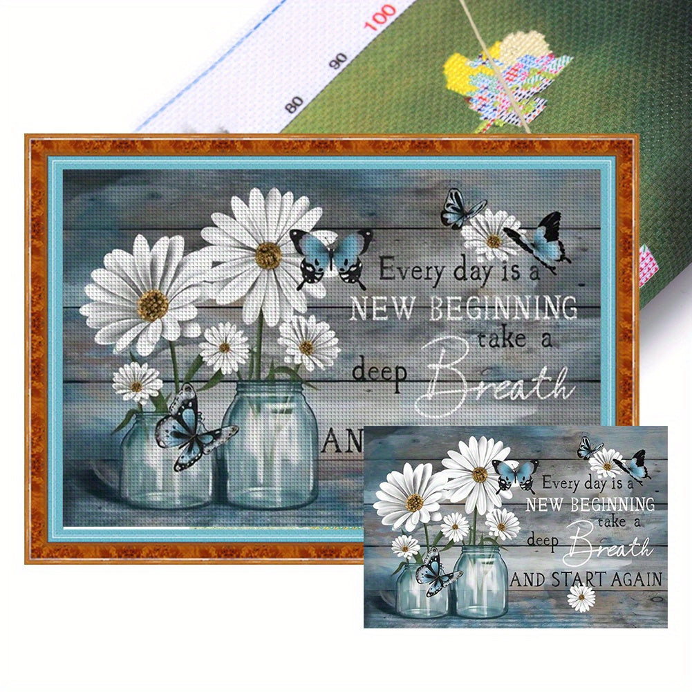 Inspirational Floral Cross Stitch Kit - 11CT Embroidery with Daisies & Butterflies, 19.69x12.99inch, All-Season Fabric Art, Motivational Quote, Embroidery Kit|Inspirational Design|Detailed Embroidery, Cross Stitch Kits