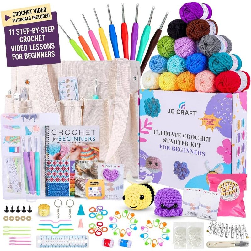 Beginner Crochet Kit u2013pcs Starter Set with 15 Colorful Yarns, Ergonomic Hooks, Complete Supplies, White Tote Bag, Accessories Case, Guide Book Online Video Lessons