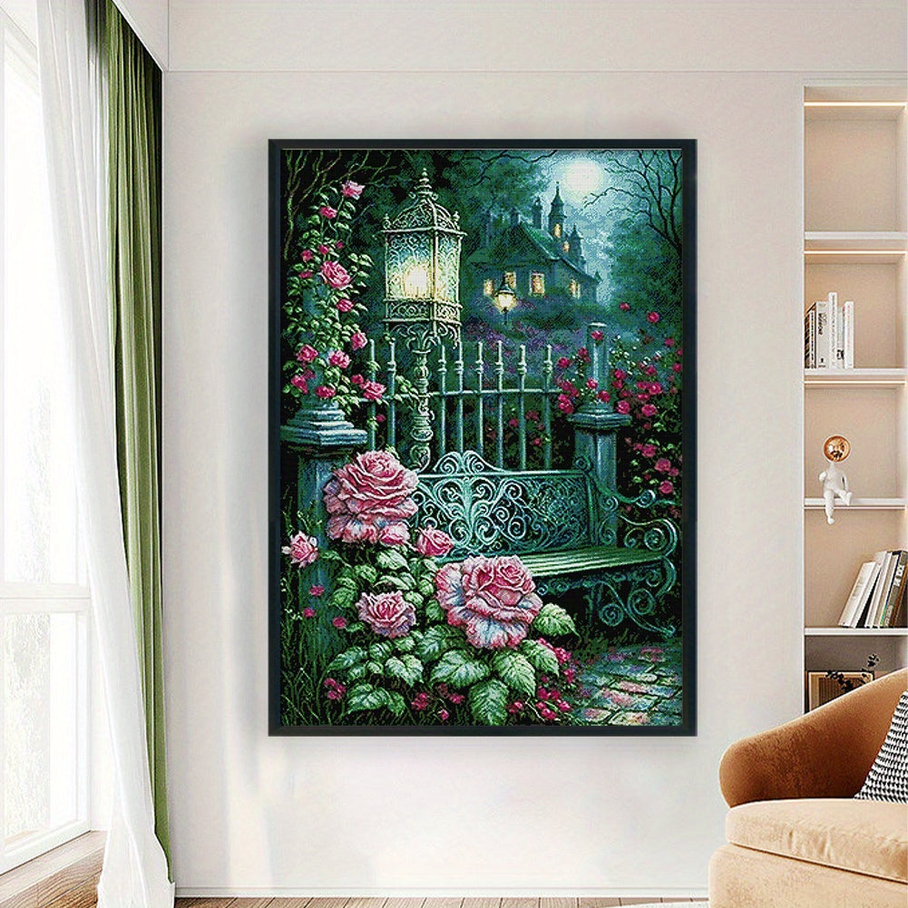 14CT Moonlight Rose Garden DIY Cross Stitch Kit - Enchanting Nighttime Garden Scene with Pink Roses & Lantern, Full Embroidery Thread, Ideal for Home & Office Decor, Perfect Gift for Adults & Beginners, 24.41x35.43inch, Cross