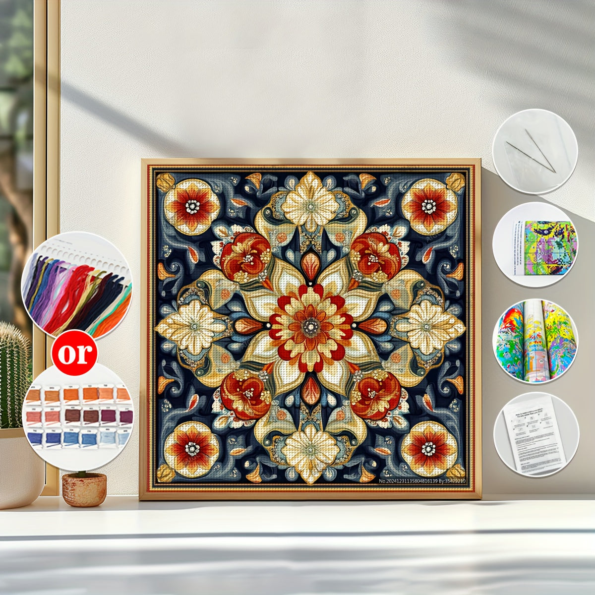 1pc 11CT/14CT Floral Tapestry Cross Stitch Kit - 15.75x15.75inch, Vibrant Blue & Golden Flower Design, Includes Printed Canvas, Needles, Threads, Patterns & Instructions - Perfect for Beginners, Ideal for Home & Office Decor,
