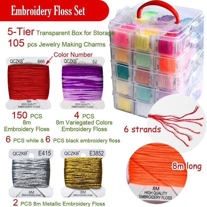 301 Embroidery Floss Set Including Cross Stitch Threads Friendship Bracelet String with 5-Tier Transparent Box, Floss Bobbins and Cross Stitch Kits, Cross Stitch Supplies Organizer, Craft Supply Organization, Cross Stitch Thr