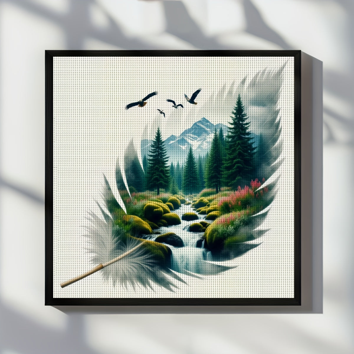 JOZYSH 1pc, 40x40cm/15.7x15.7in Cross Stitch Kit - Feather Landscape Wall Art, Detailed Mountain & River Scene with Birds, Ideal for Living Room or Bedroom Decor, All-Season Holiday Gift, Includes Printed Pattern, Fabric, Thr