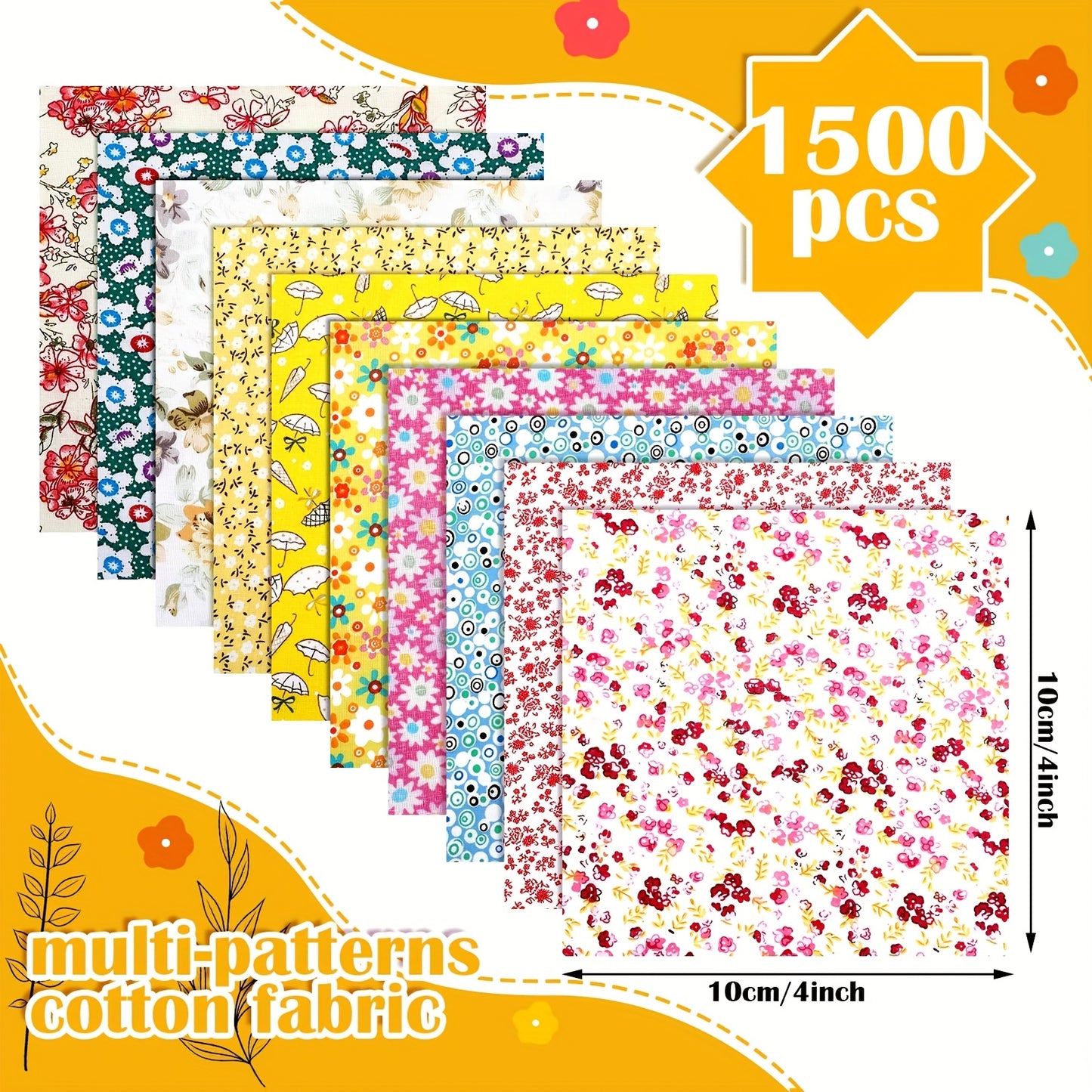 1500pcs 4 X 4 Inches Square Bulk Precut Craft Fabric Bundle Floral Patterns Sewing Quarters Fat Flower Fabric Quilting Patchwork For DIY Craft Sewing Clothing Scrapbooking