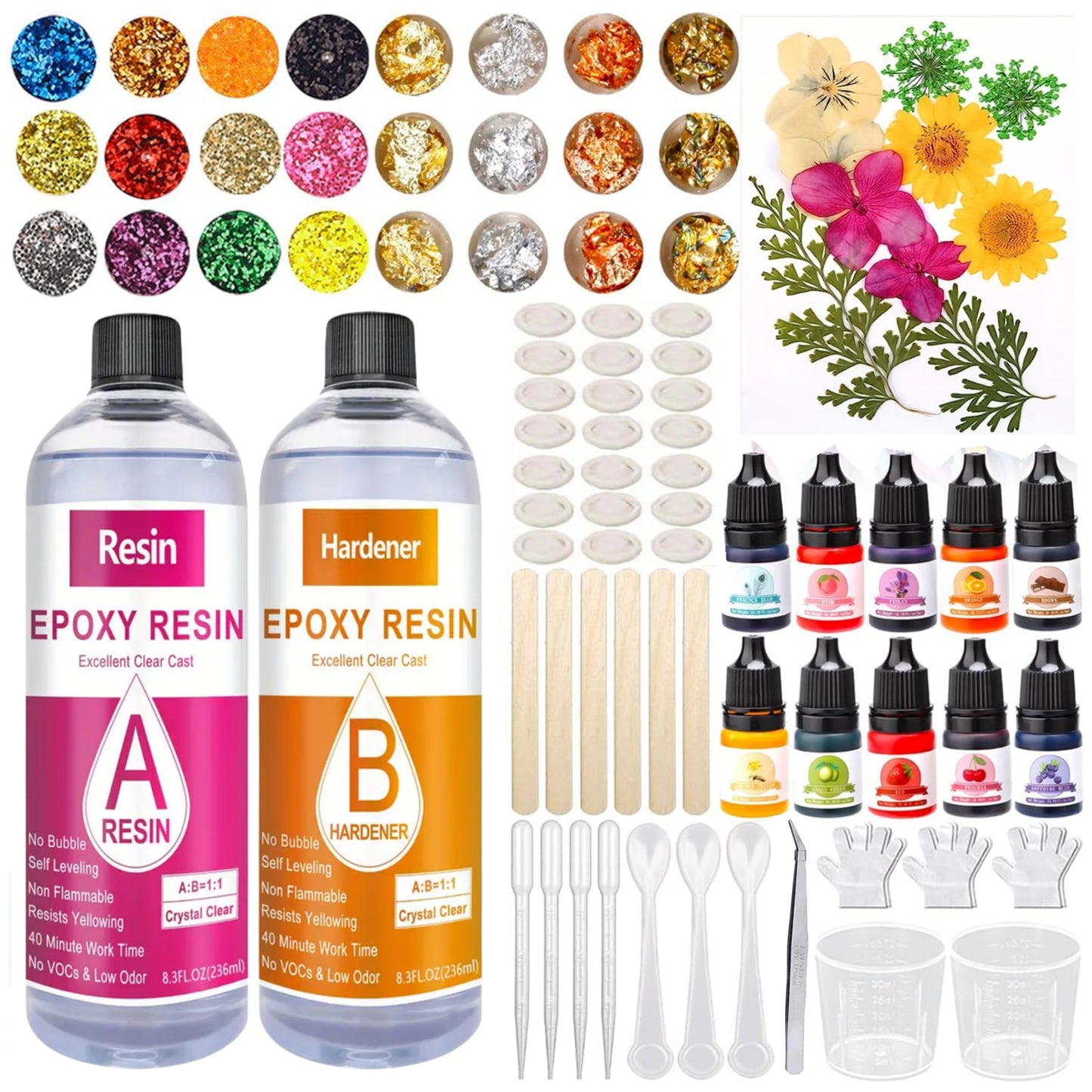 Epoxy Resin Starter Kit for Beginners, 512ml (16. 9oz) Total Clear Casting Resin with 1: 1 Ratio, Non-Toxic UV Resin Set with Colors, Glitters, Dry Flowers, Tools for Jewelry Making, Keychains, Art DIY Crafts