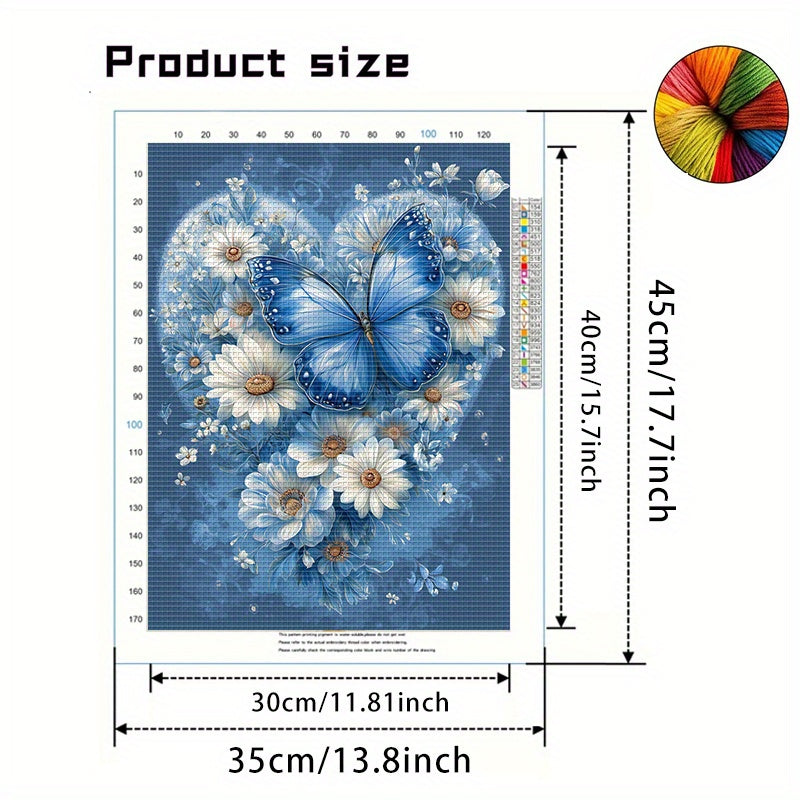 1pc DIY Cross Stitch Kit - 13, 8x17, 7in Frameless Fabric, 11CT Printed Design with Blue Butterfly & Floral Heart Pattern, Includes Threads for Home Wall Decor, Mother'S Day Gift, Crafting Supplies, Cross Stitch Kits for, Fan