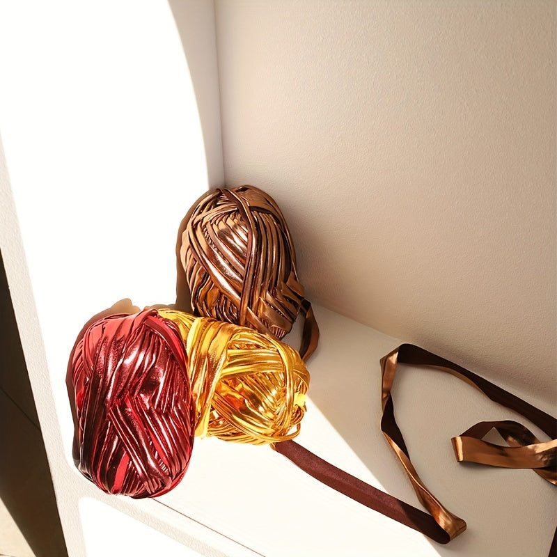 A Set of 3 Mixed Color 300G Faux Metallic Sheen Yarn, Suitable for Handmade Crochet Bags, Dolls, Pendants, Etc., in Golden + Silver + Dark Gray, Antique Golden + Burgundy + Dark Brown, Made of 100% Polyester, Red And White Ch