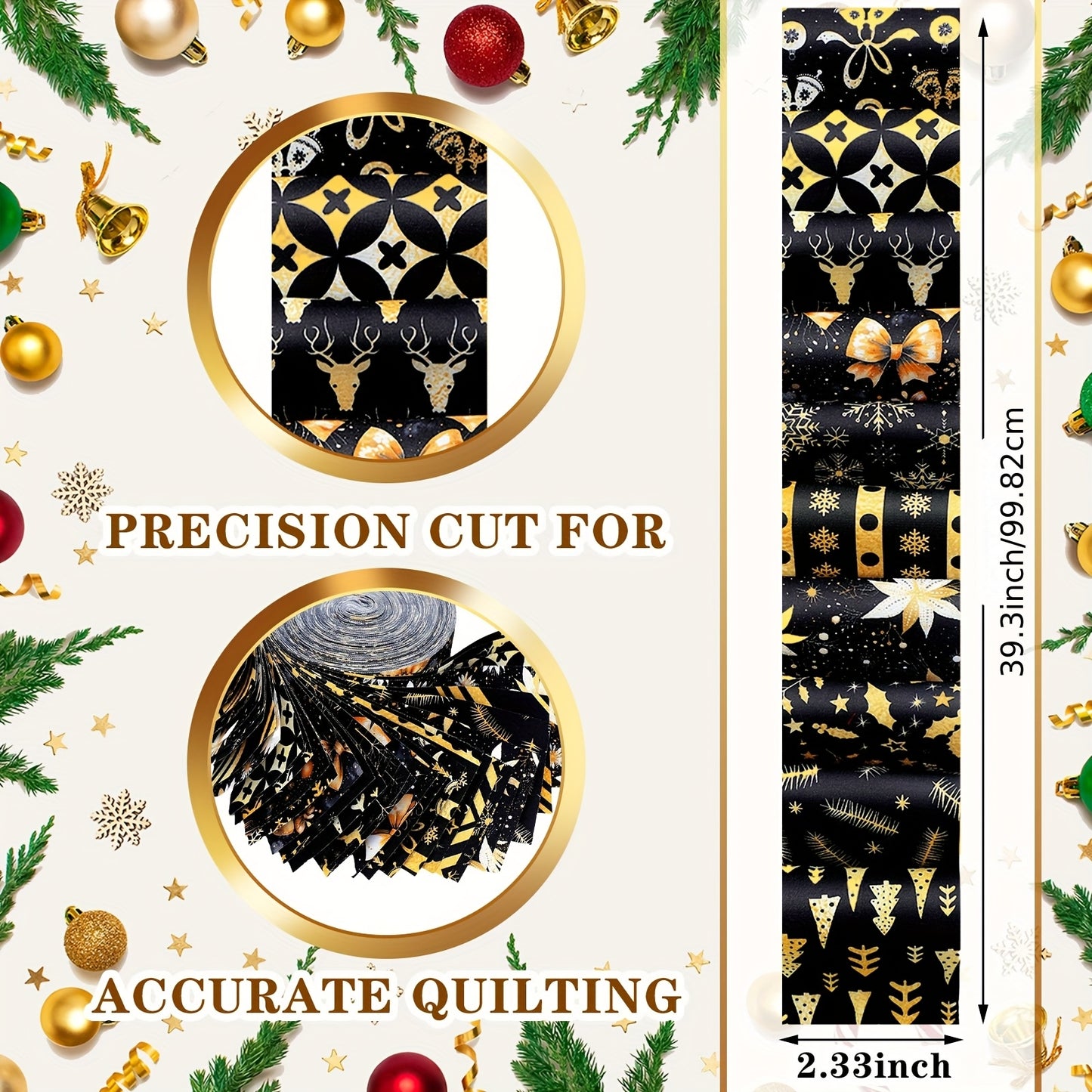 40pcs Black and Golden Christmas Jelly Fabric | 39.4 Inches Long Quilting Patchwork Roll, 2.55 Inch Precut Strips for Xmas Holiday Craft Sewing, Hand Wash Only, Print Pattern by DREYOO