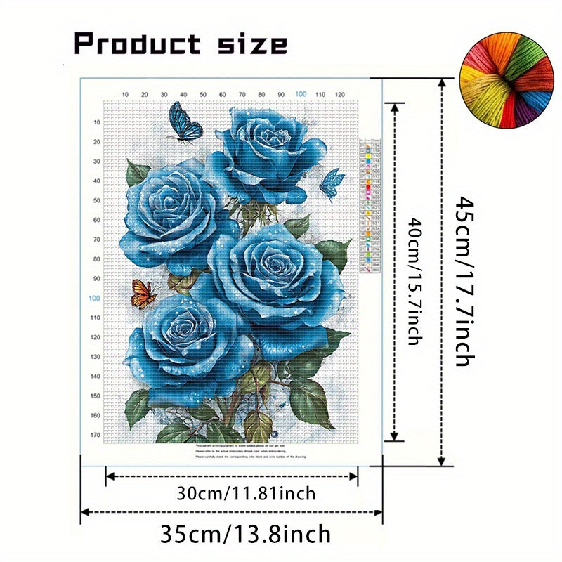 1pc DIY Floral Cross Stitch Kit - 13.8x17.7in 11CT Printed Fabric, Frameless, White & Blue Roses with Butterflies, Ideal for Home Wall Decor, Mother'S Day Gift, Sewing Crafts, Sewing Crafts|Butterfly Motif|Detailed Stitching,