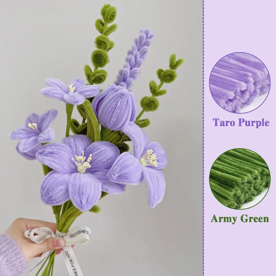 480PCS Purple Pipe Cleaners Flower Kit with Floral Wires Floral Tape and Pearl Beads Fluffy Pipe Cleaners Craft Supplies DIY Fl