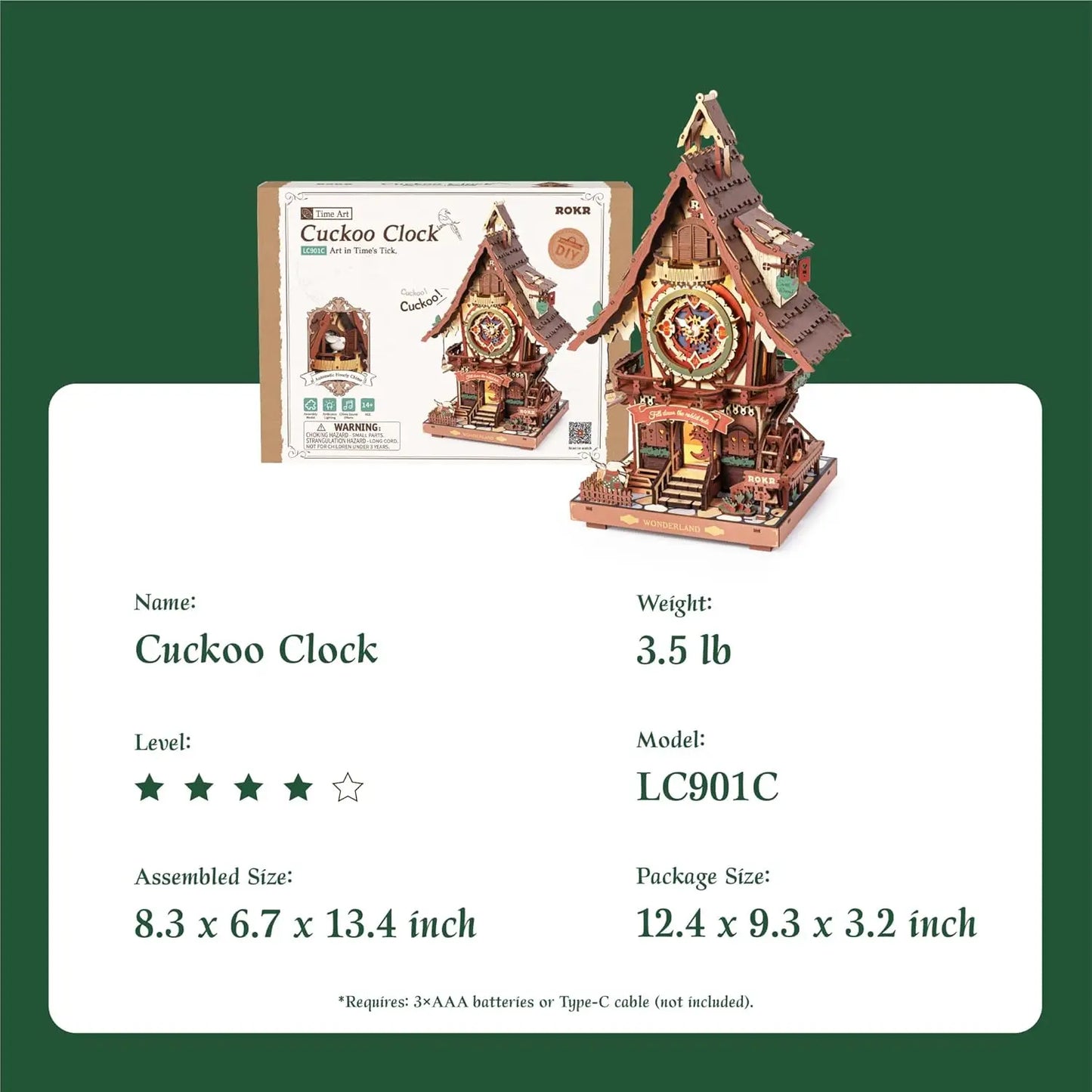 Robotime Rokr 3D Wooden Puzzle Cuckoo Clock Kit Black Forest Style with Working Bird DIY Clock Model Kit for Kids Adults Model