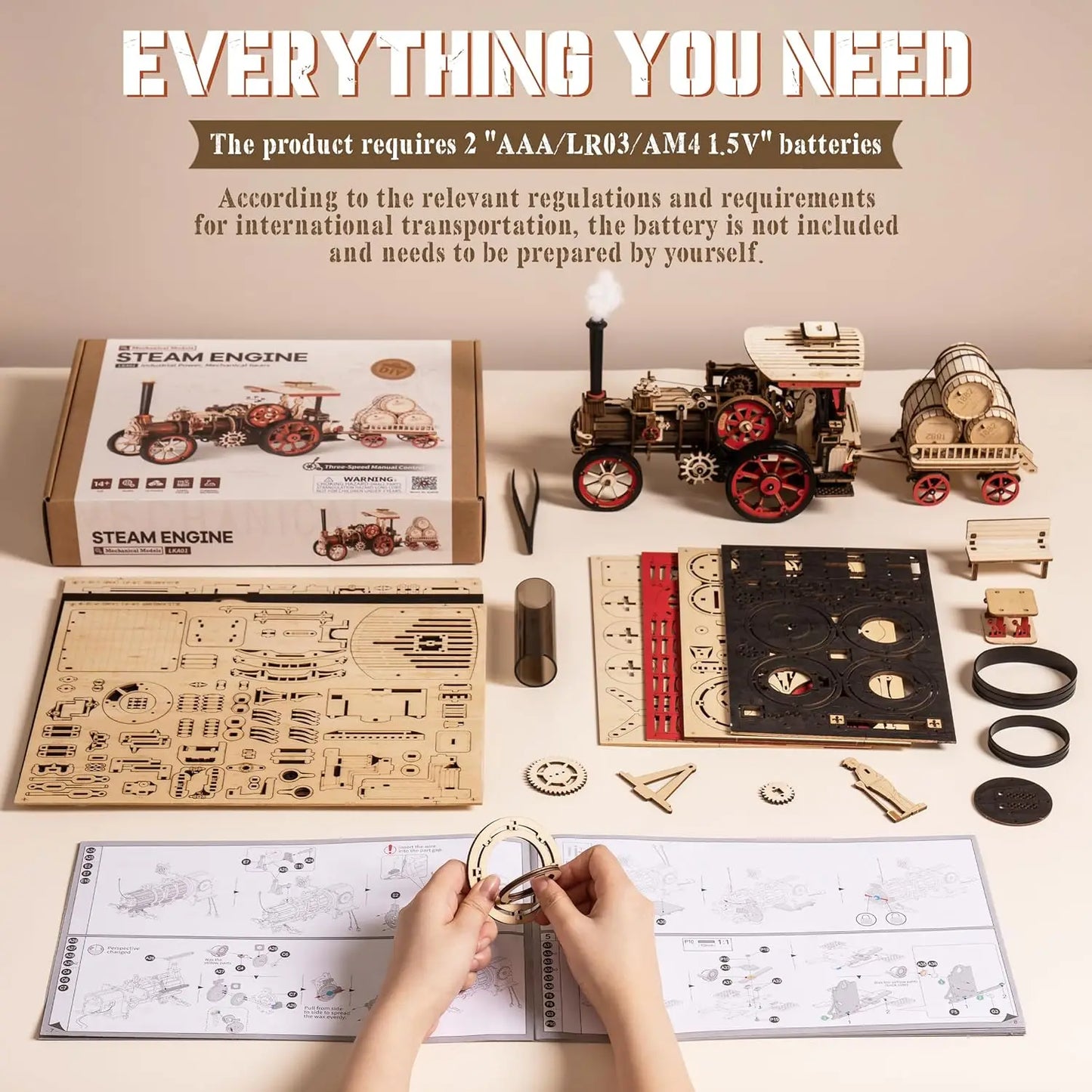 Robotime Rokr Car Model Building Kit 3D Wooden Puzzle Steam Kit 1:28 Mechanical Steam Locomotive Awesome Gifts for Adults Teens