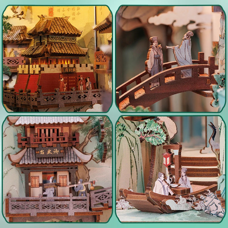 CUTEBEE Antiquity Book Nook Chinese Style Doll House Kit with Touch Light Dust Cover Bookshelf Insert Toy Su Dongpo's Life