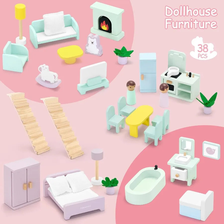 Large Pink Wooden Dollhouse 7Room 3Story Doll House with 38Pc Furniture and Accessories Balcony Montessori Pretend Play Gift fo