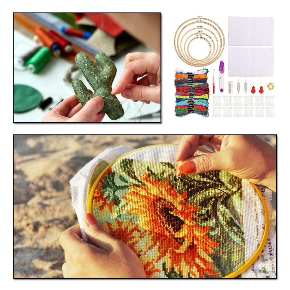 Embroidery Starter Kit Embroidery Hoop/Thread/Cloth Cross Stitch Tool Kit Beginner Practice Kit for Embroidery Supplies