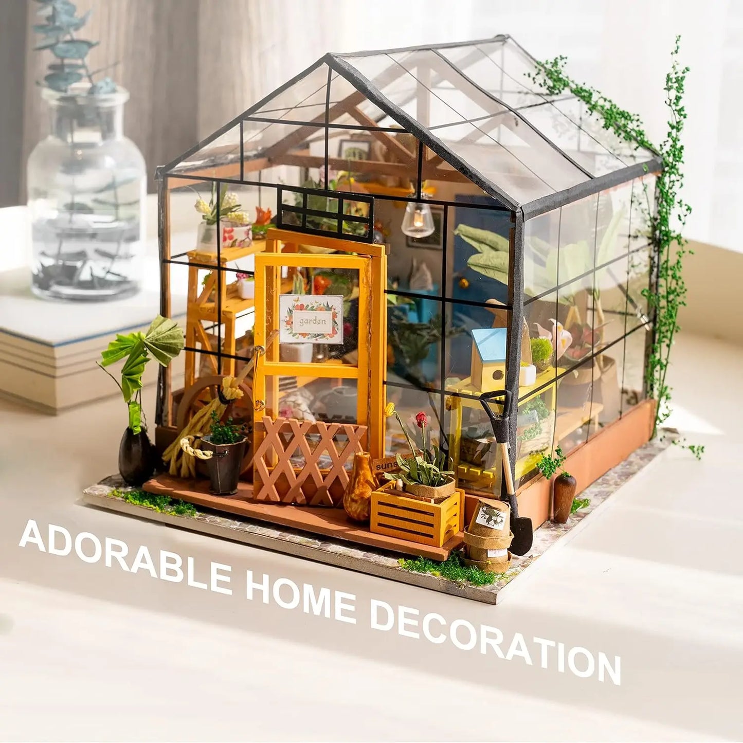 Robotime Mini Green House Cathy's Flower House DIY Dollhouse Wooden Miniature Furniture Kit with LED Best Birthday Gifts