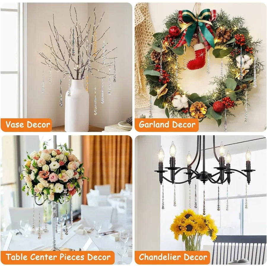 12pcs Crystal Icicle Christmas Tree Ornaments Glass Beads Hanging Chandelier Pendants for Christmas Party Wedding Winter Decora