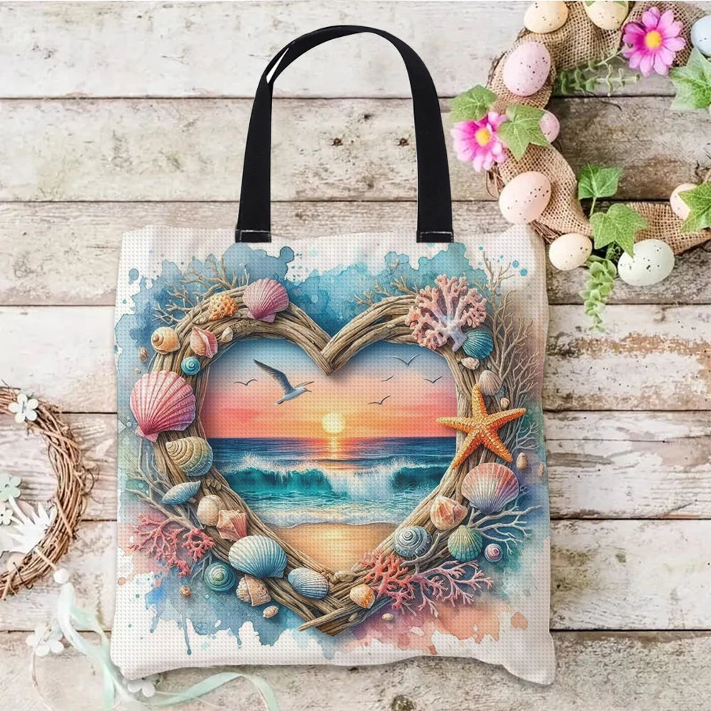 11CT Print Heart-Shaped Beach Scenery DIY Tote Bag Cross Stitch Kits 40x40cm Needlework Embroidery Craft Kit for Kids Adults