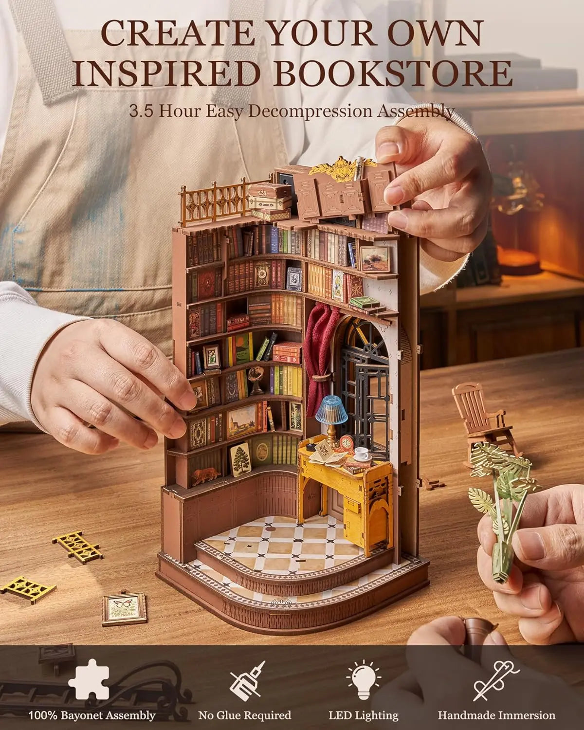 Robotime Rolife Silent Corner Study DIY Book Nook Shelf Insert Wooden Miniature Doll House for Bookshelf Insert Furniture TGE02