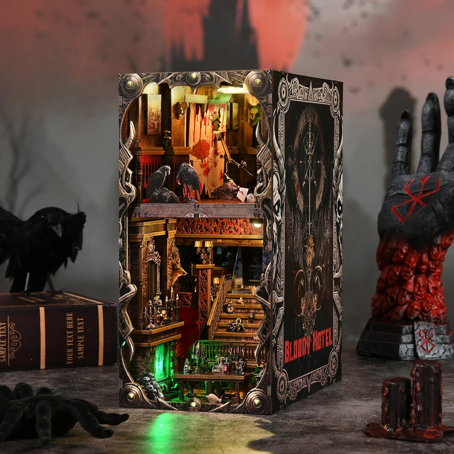 Book Nook Kit Haunted Hotel Halloween 3D DIY Wooden Puzzle Handmade Bookshelf Dollhouse Model Bookend Building Home Decoration
