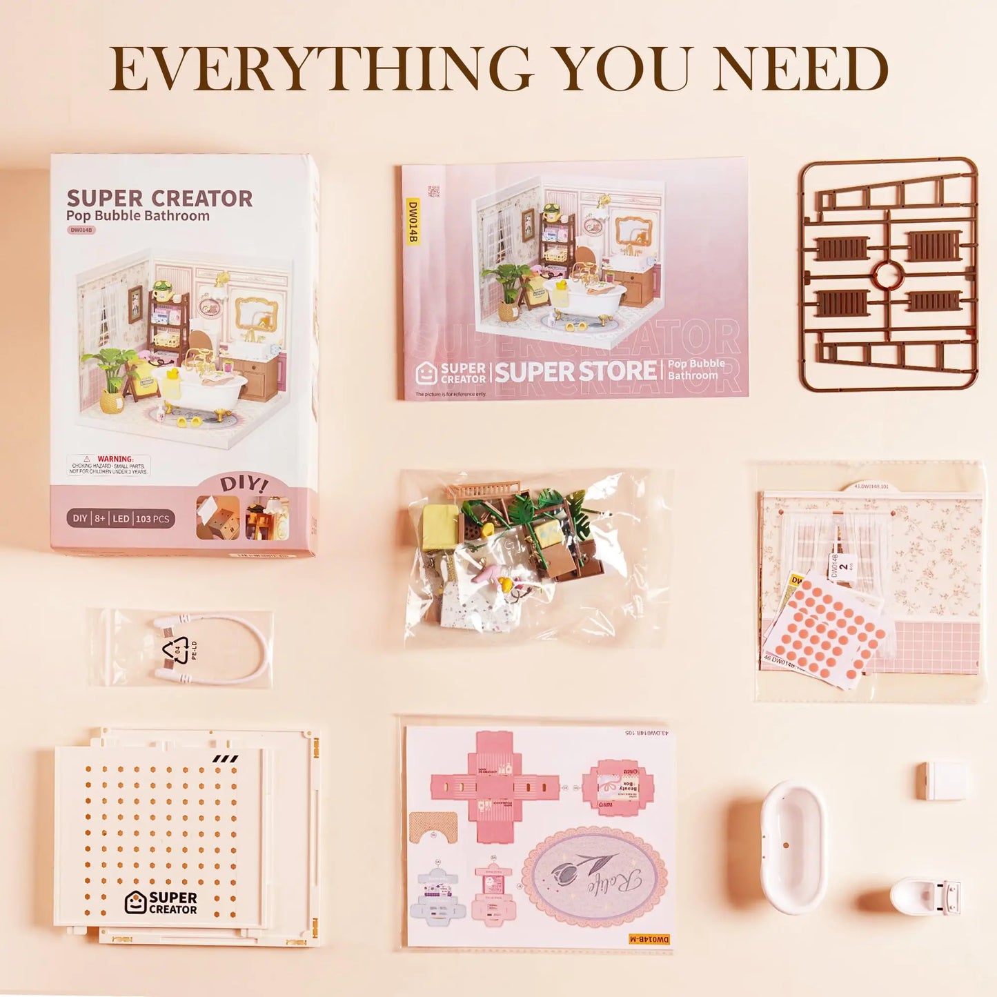 ROBOTIME DIY Miniature House Kit, Dollhouse Model Building Kit Birthday Creative Gifts for Adults, Kids (Pop Bubble Bathroom)