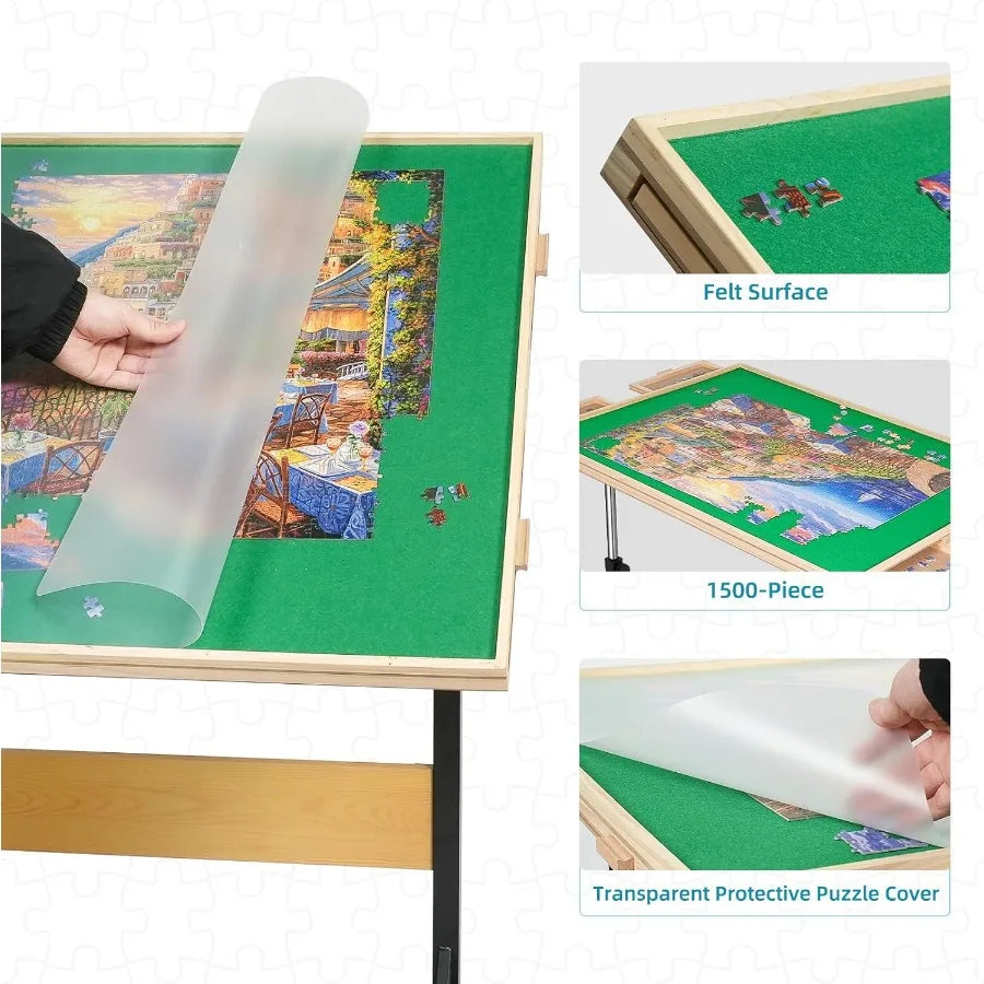 1500pcs Puzzle Table with Legs34.25" x 25.2"Wooden Jigsaw Puzzle Board with 4 Drawers and Cover Height Adjustment and Weight op