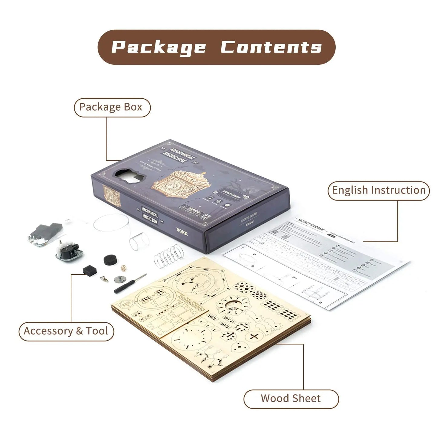 Robotime Rokr DIY Mechanical Music Box Kit 3D Wooden Puzzle Box for Adults Self-Assembly Building Project - Secret Garden