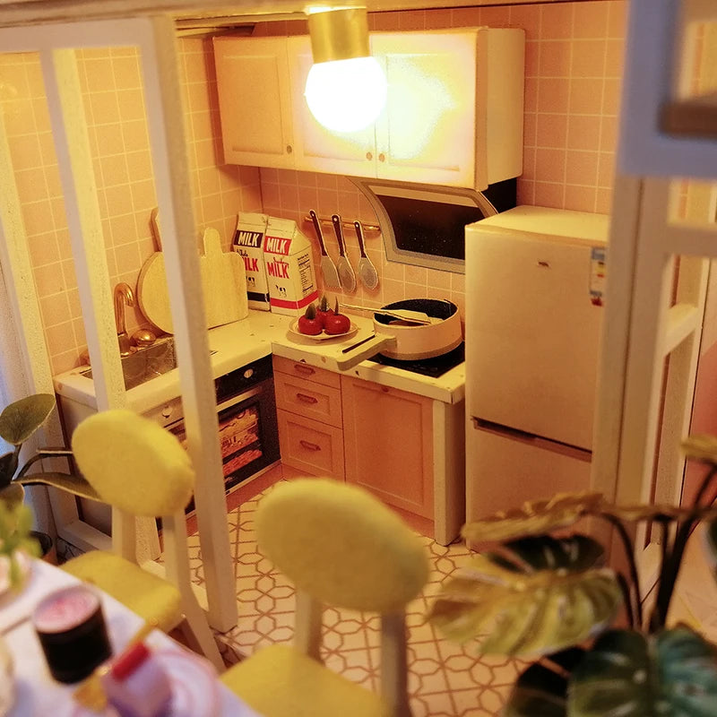 Dollhouse Miniature Pink Villa Assembly Model Architecture DIY Handmade 3D Puzzle Toy Set Wooden Crafts Girl Birthday Gift