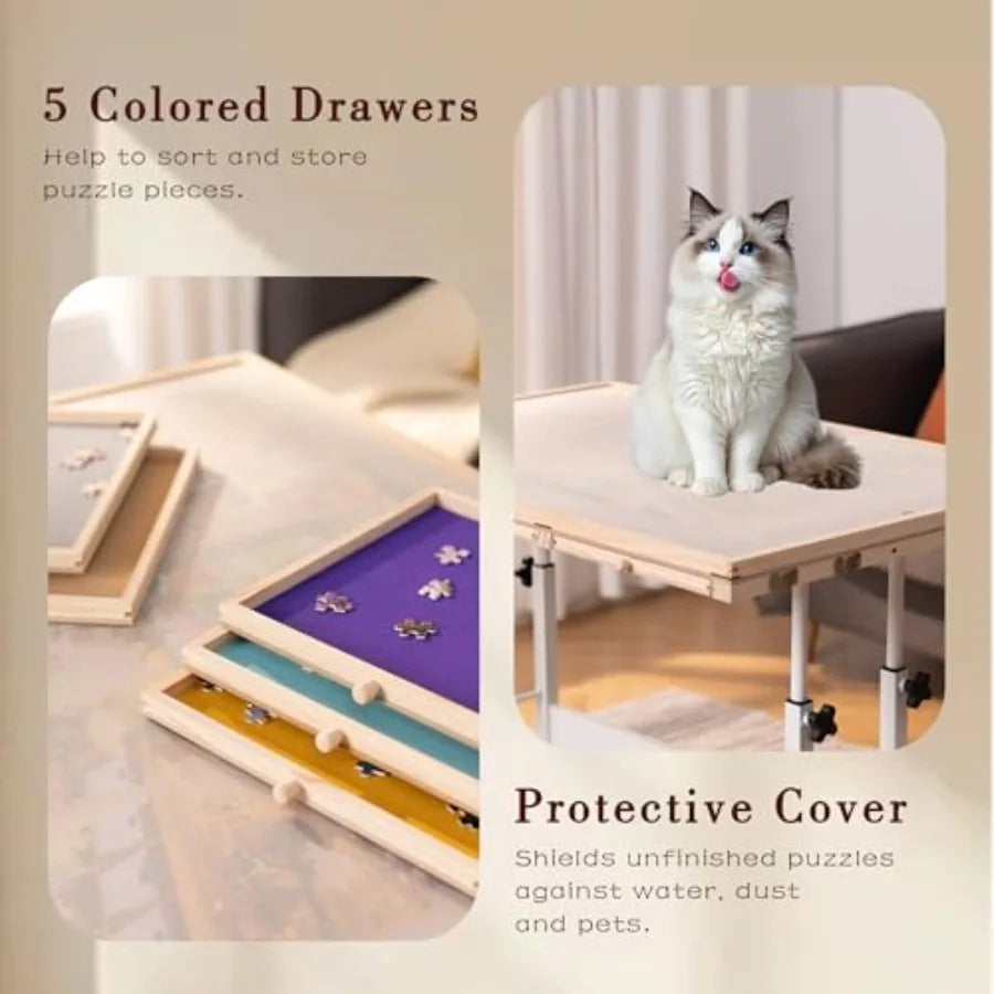 1500 Piece Tilting and Rotating Puzzle Table with 5 Drawers and Cover Angle and Height Adjustable Puzzle Board with Removable C