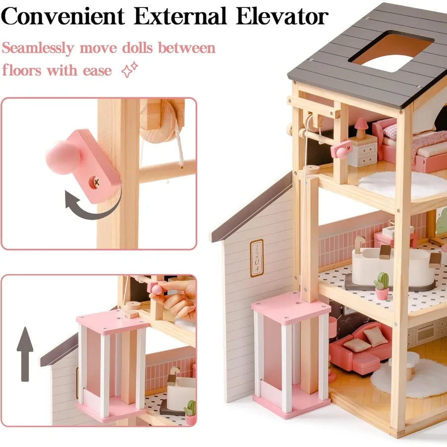 Doll House, Wooden Dollhouse with 6 Rooms, 29-pcs Furniture Set, Working Elevator, Garage, Swimming Pool, Ideal Gift for Kids Ag