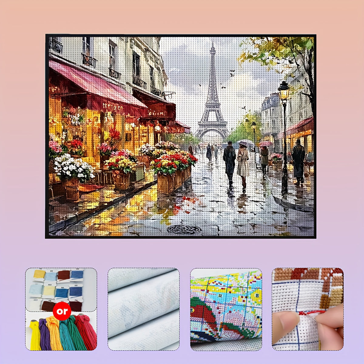 JOZYSH 1pc Parisian Street Scene Cross Stitch Kit - 11.81x15.75inch, No Frame, Ideal for Beginners, Includes Canvas, Needle, Thread, Pattern, and Instructions, Perfect Gift for Friends, Home & Office Wall Decor, All Seasons D