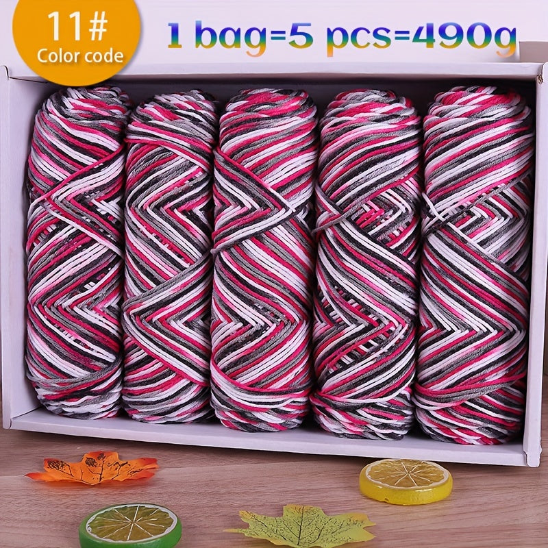 490g Multicolor Gradient Ombre Yarn Skein for Hand Knitting, 5-Ply Yarn Ball for Autumn/Winter Fashion Sweaters, Scarves, Hats, Gloves, Gifts, and Crafts, 5 Skeins per Pack