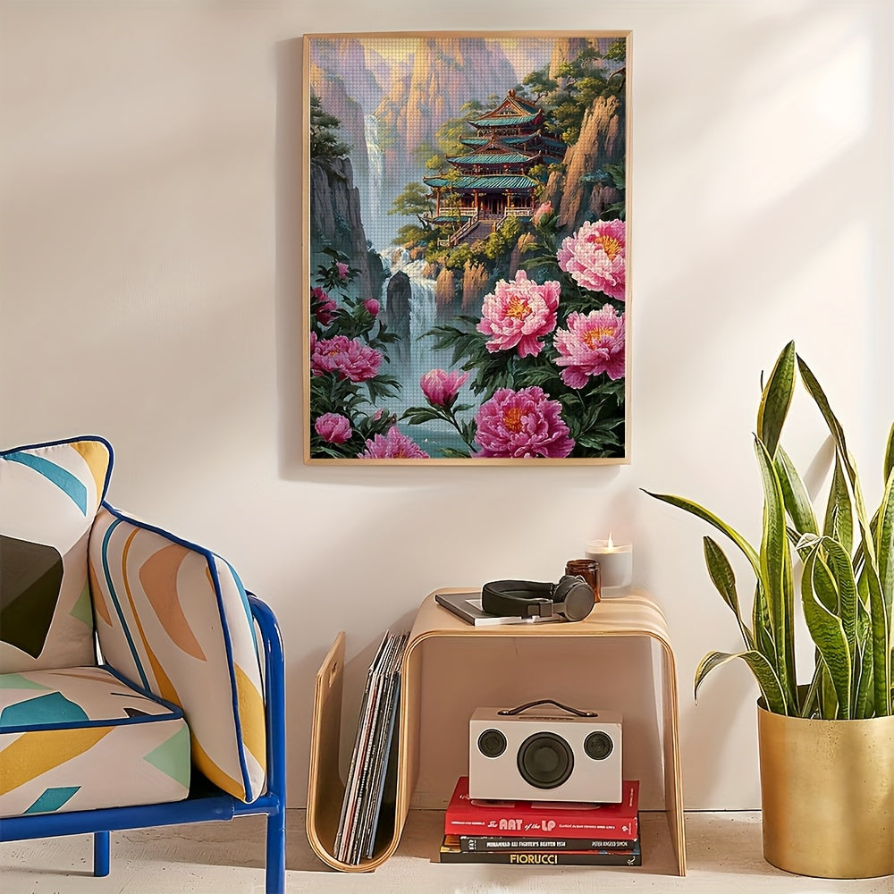 DIY Cross Stitch Kit - Vibrant Mountain Landscape with Pagoda & Cherry Blossoms, 11CT Embroidery Set with Pre-Printed Canvas, Needles, Threads, and Instructions, Complete Craft Supplies for Beginners, Embroidery Kit|Scenic Em