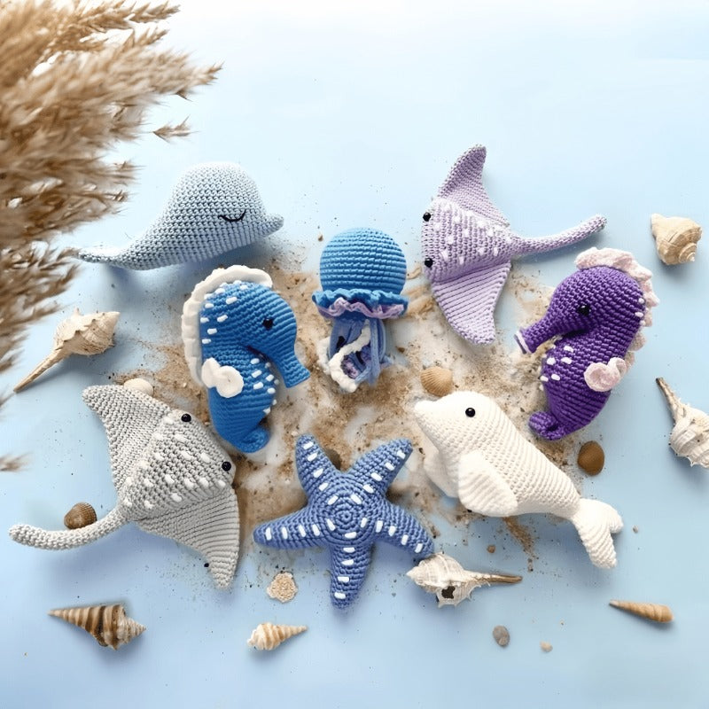 Handmade Crochet Yarn Marine Animal Kit - Cute Ocean-Themed Craft Set with Whales, Dolphins, Starfish & Coral Reef Design, All-Season Knitting & Crochet Supplies