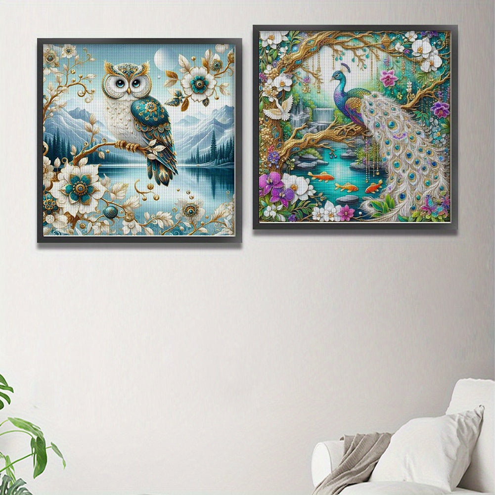 2pcs Extra Large 45x45cm (17.7x17.7in) Cross Stitch Kits with Pre-Printed Numbered Fabric - All-in-One DIY Embroidery Set with Color-Coded Threads & Needles for Owl, Peacock, Floral & Bird Patterns - Complete Step-by-Step Ins