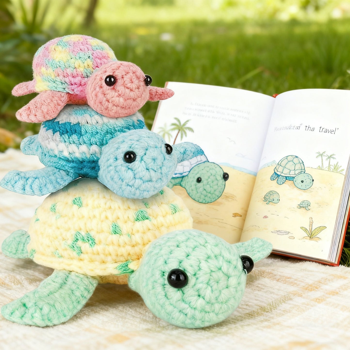 3pcs Crochet Sea Turtle Kit - Beginner-Friendly Yarn Set with 3 Colors (Yellow, Blue, Pink), Soft Fabric, Easy-to-Follow Instructions