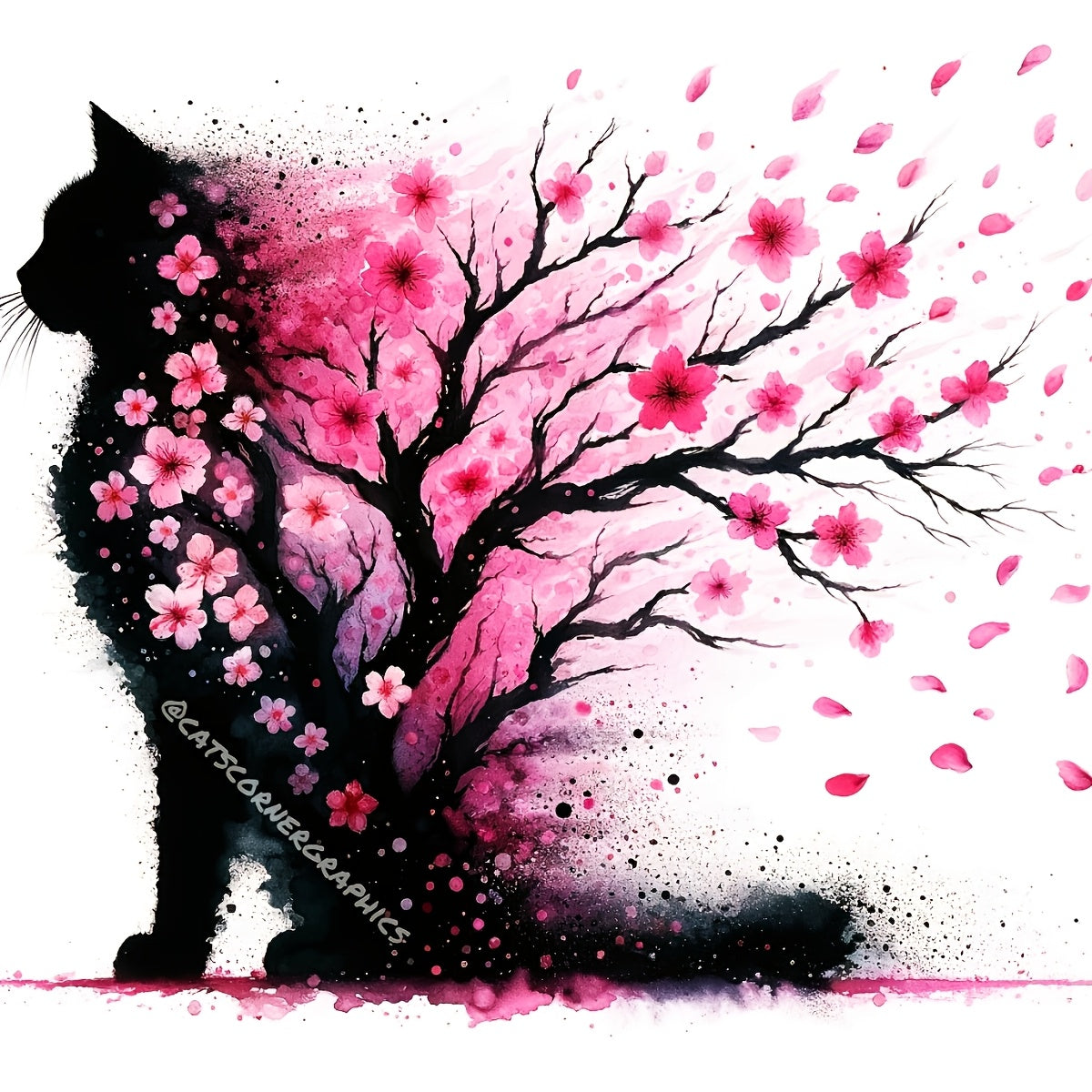1pc JOZYSH 40x40cm/15.7x15.7" Black Cat & Pink Cherry Blossom Cross Stitch DIY Kit - Easy Beginner Project with Printed Canvas, Needle, Thread, Pattern, and Instructions - Perfect for Home & Office Decor, Ideal Gift for Frien